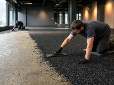 Rubber gym floor being troweled into place