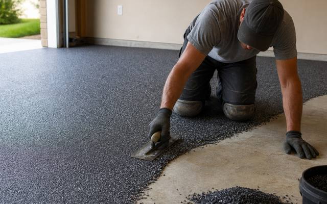 Installer troweling charcoal rubber surfacing across a garage floor beside a bucket of granules