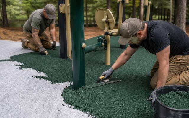 Two installers pouring green rubber surfacing around outdoor fitness equipment